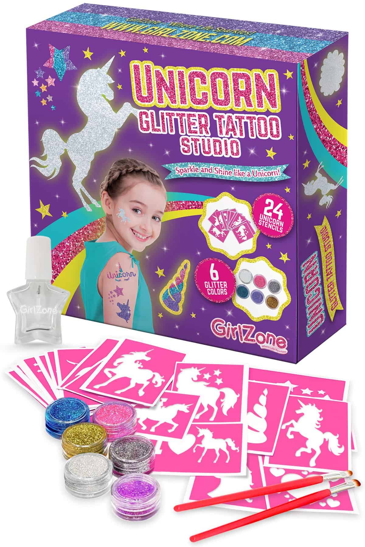 GirlZone Regalo Ragazza - Giochi Bimba Glitter Tattoo Studio Unicorno- Set Tatuaggi Glitter Bambina - Set 33 Pezzi con Glitter per Tatoo, Stencil- Tatuaggi Riutilizzabili