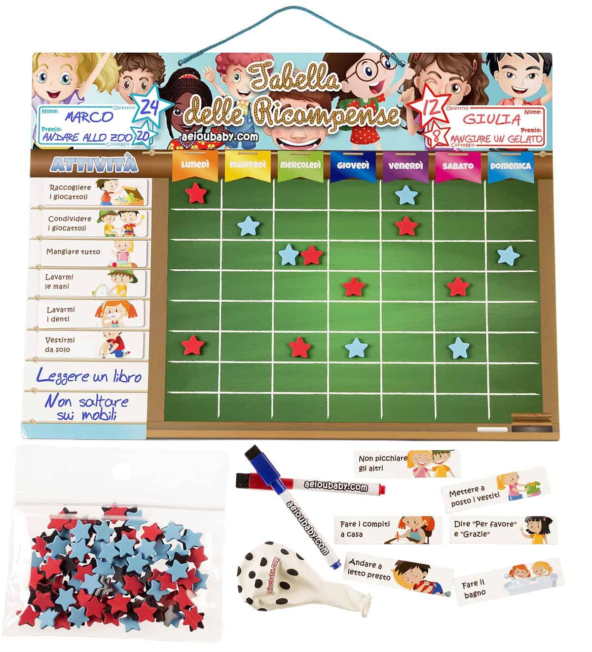 TABELLA DELLE RICOMPENSE Magnetica Grande | Lavagna dei Rinforzi per Parete o Frigorifero, 43x32 cm 22 Attività, 2 Pennarelli e 1 Palloncino | Scatola regalo per bambini e compleanni (Italiano)
