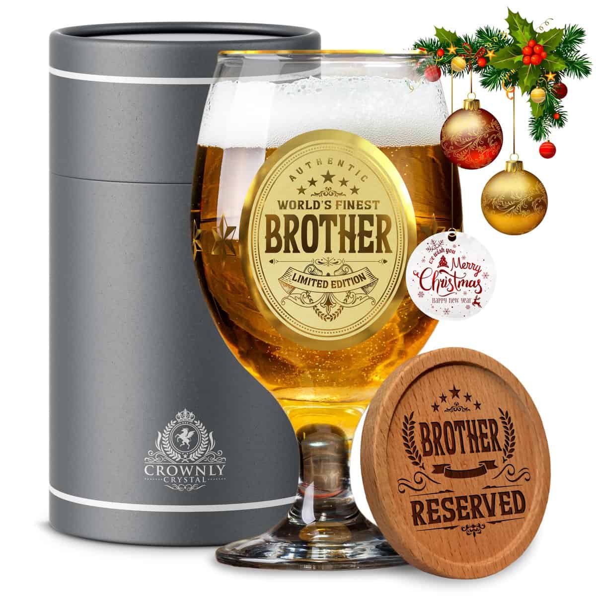 CROWNLY CRYSTAL® Regalo Fratello Bicchiere Birra Regalo Per Fratello Idee Regalo Natale Fratello Regali Personalizzati Per Natale Regalo Uomo Compleanno Regali Per Lui Regali Di Natale Regali Laurea