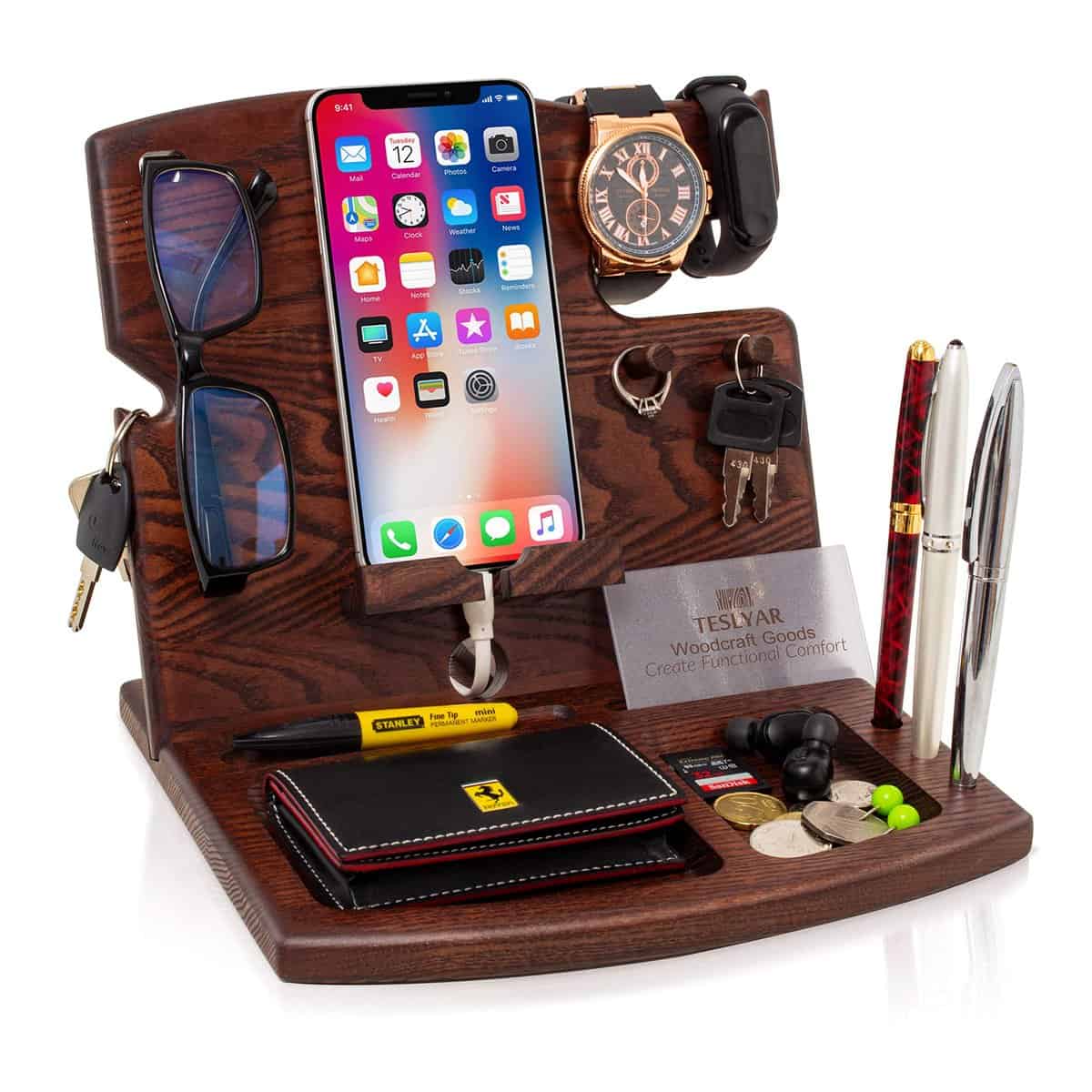 Regalo da Uomo Supporto per telefono Docking Station, in legno massello in frassino, Regalo per Natale Marito Anniversario papà, Supporto da comodino (Wenge)