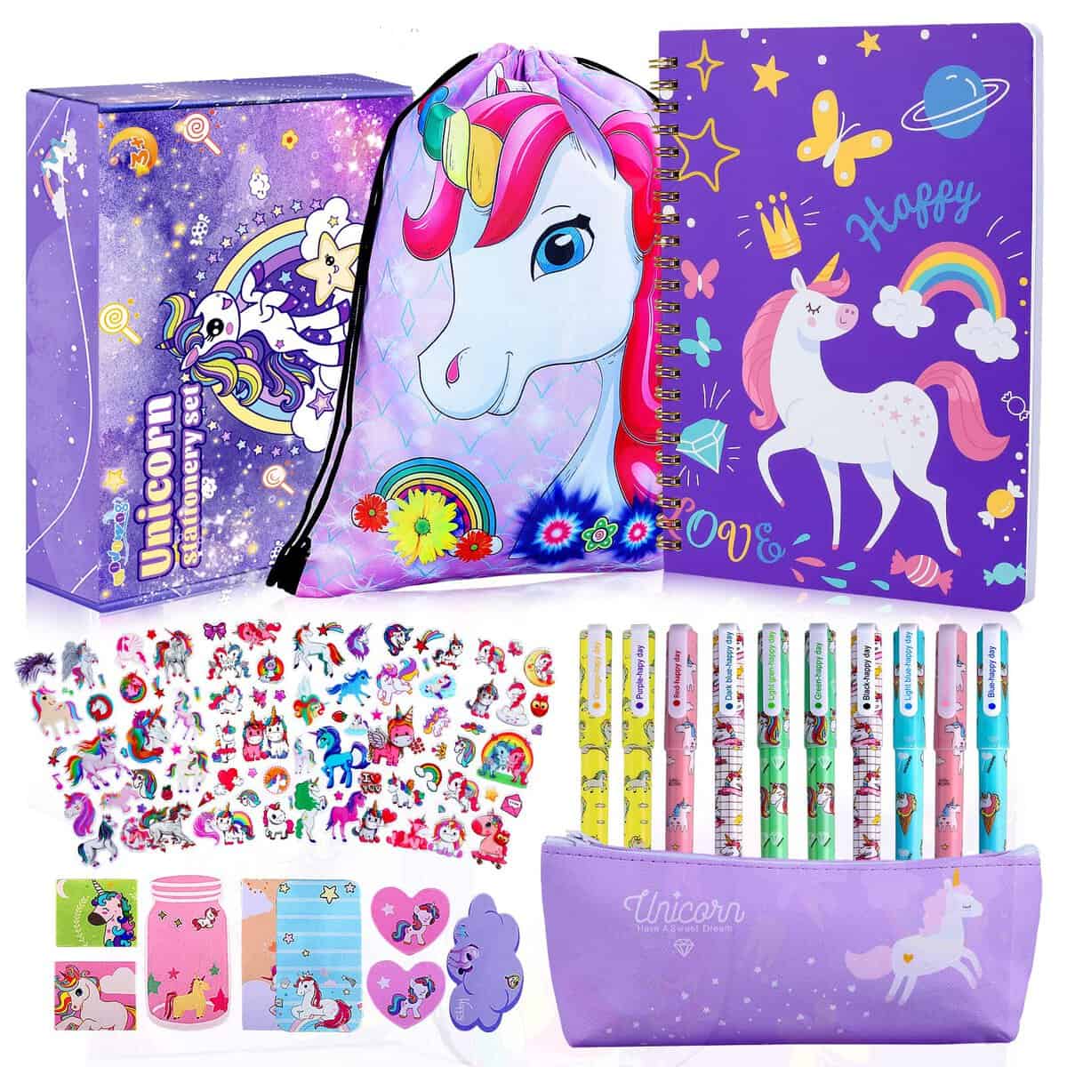 aovowog Unicorno per Regalo Bambina 4 5 6 7 8 9 10 11 Anni, Set di cancelleria per unicorno Regalo per ragazze, Unicorno Taccuino Unicorno Astuccio Unicorno Penne Unicorno geometria Set e Nota Adesiva