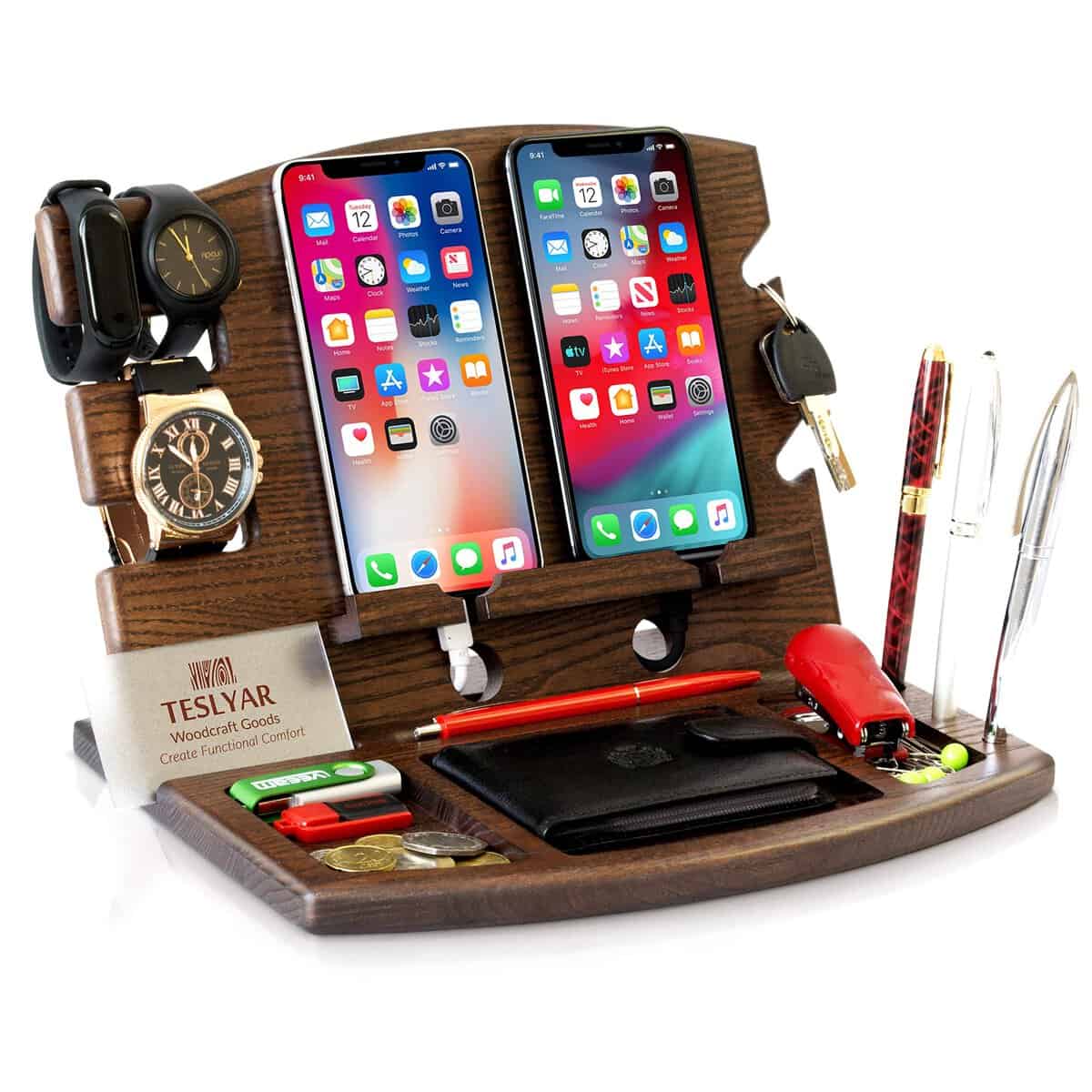 Teslyar Doppia Docking Station in Legno per telefono dalla Cenere con Svuota tasche e Porta Orologio Natale Regalo da uomo organizzator per orologi regalo per marito idea regalo per marito