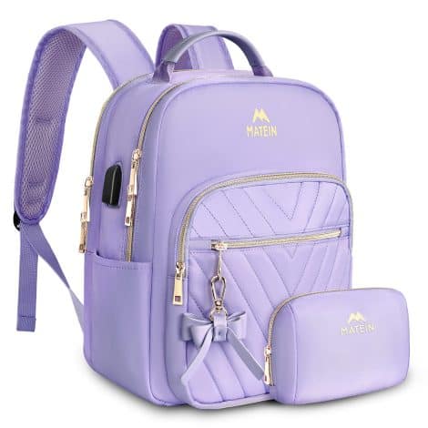 “Zaino Scolastico MATEIN, Carino e alla Moda con Porta di Ricarica USB, Impermeabile, Set di 2, Viola.”