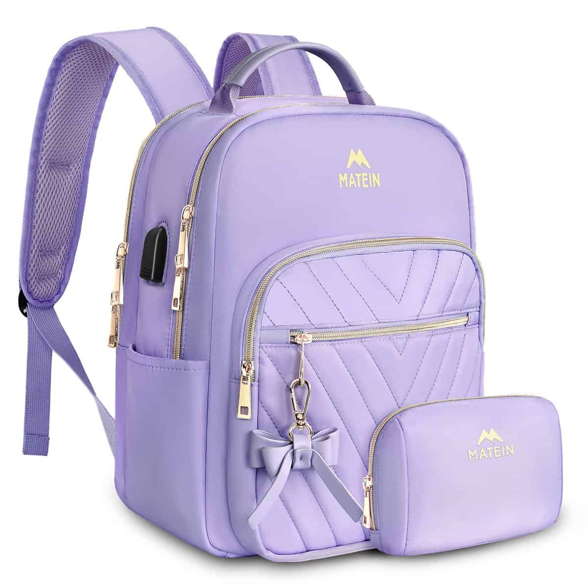 MATEIN Zaino Scuola Donna, Zaino Piccolo Bowknot Carino alla Moda con Porta di Ricarica USB, Borsa Zaino da Viaggio Design Multiuso Impermeabile, Regalo per Moglie Figlia Madre, Set di 2, Viola