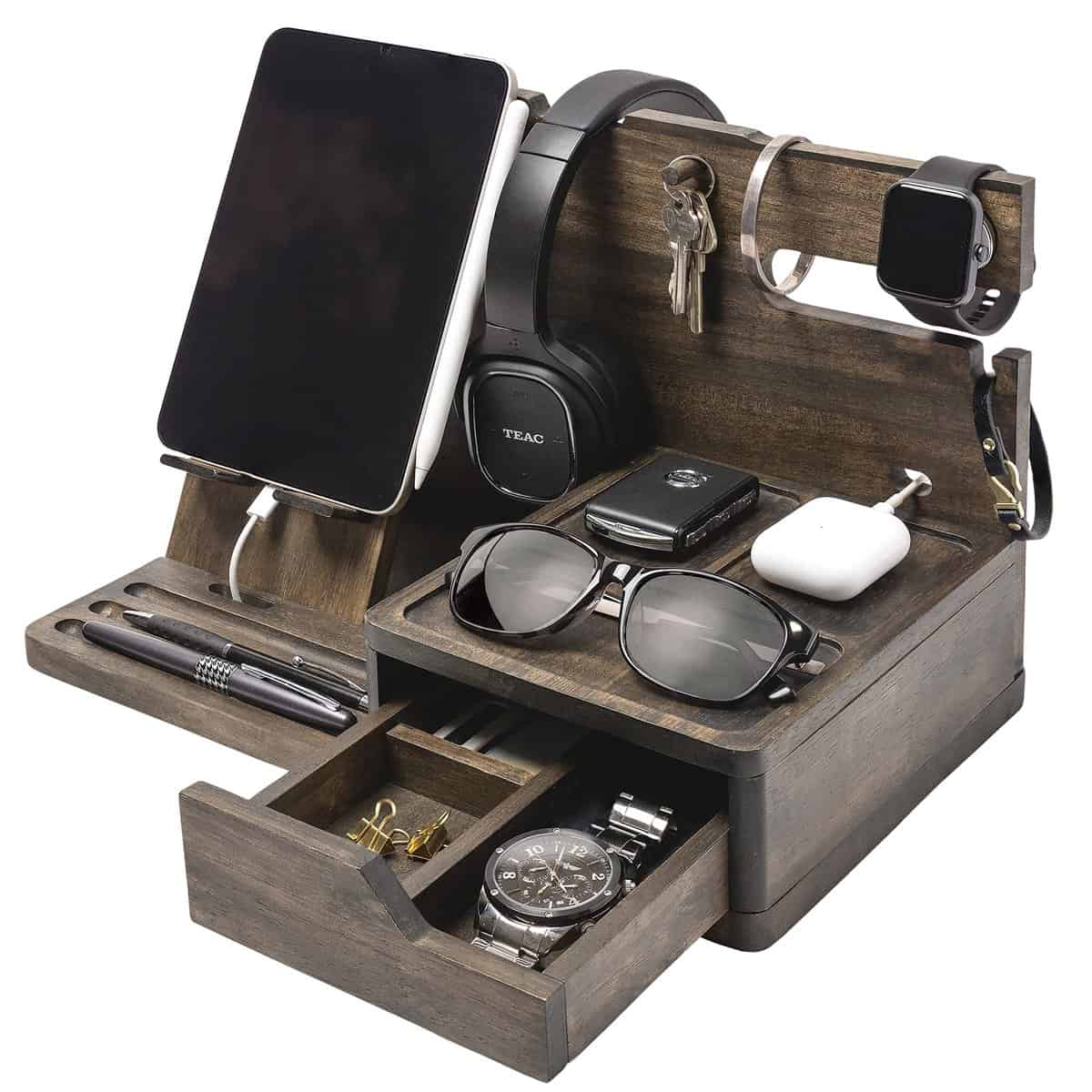 EcoLeafy Dot Organizer per comodino, docking station per telefono, regalo per uomini che hanno tutto, regalo di compleanno per papà, regali per marito, organizer da comodino per cellulare, orologio,