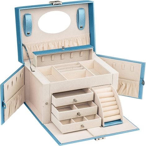 Portagioie da viaggio Adel Dream con manico specchiato a chiave, 4 livelli e 3 cassetti. Regalo perfetto per donne, colore blu champagne.