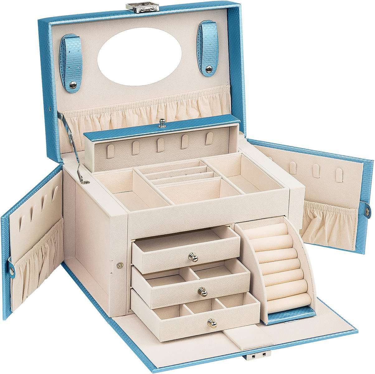 ADEL DREAM Portagioie con Manico a Specchio Chiudibile a Chiave da Viaggio, 4 Livelli con 3 Cassetti per Riporre Gioielli, Idea Regalo per Donna, blu champagne