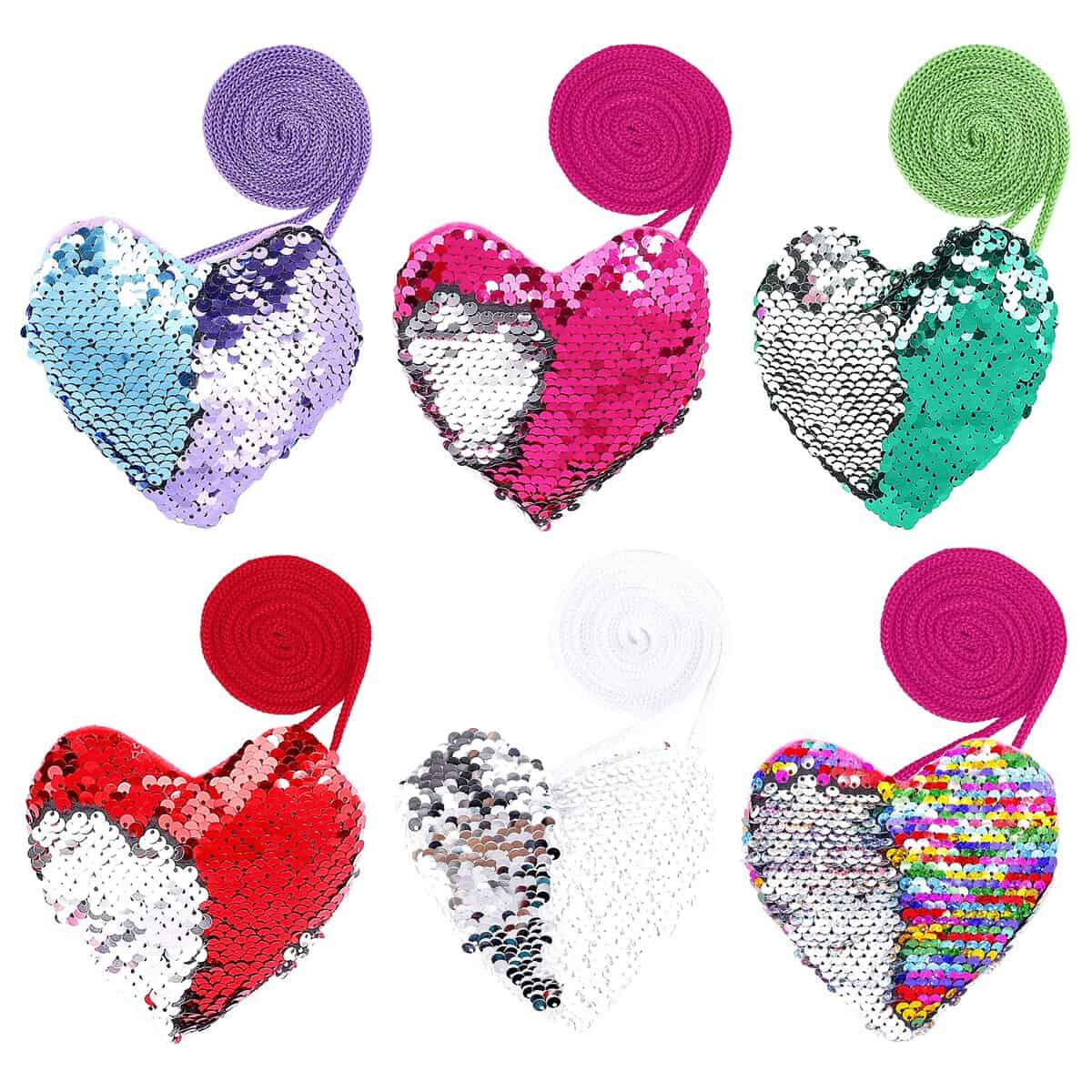 FT-SHOP Mini Borsa con Paillettes 6 Pezzi Portamonete per Bambina Piccola a Forma di Cuore Portafoglio con Cinturino per Regalo Festa Compleanno