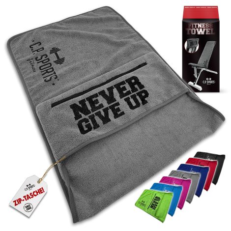 C.P.SPORTS – Asciugamano fitness ultra morbido, lavabile, con borsa e chiusura lampo, colore grigio, per palestra, sport.