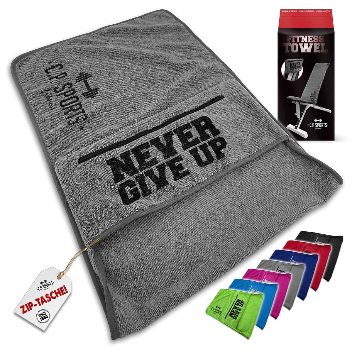 C.P.Sports C.P. SPORTS - Asciugamano fitness in microfibra, fissaggio + borsa con chiusura lampo, per palestra, allenamento, sport, extra morbido, lavabile, lungo e grande, unisex, colore: grigio chiaro